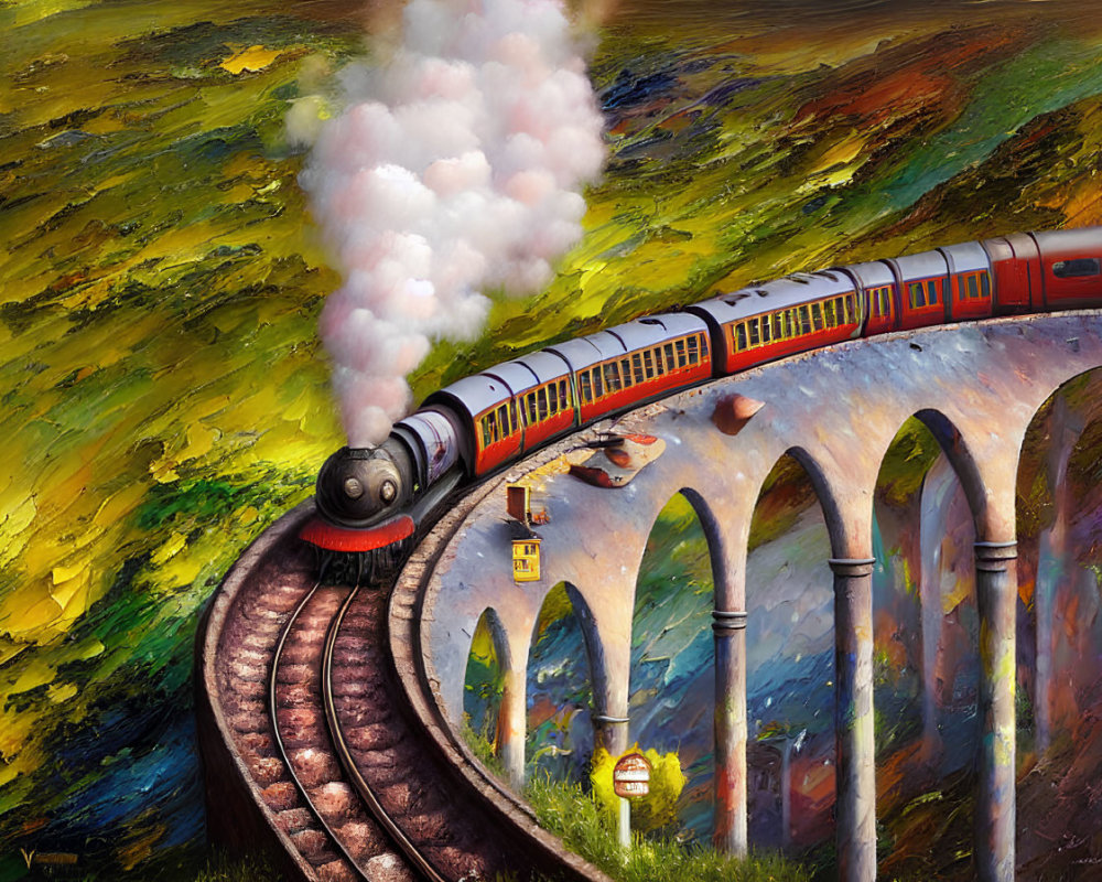 Colorful vintage steam train crossing stone bridge in vibrant painting