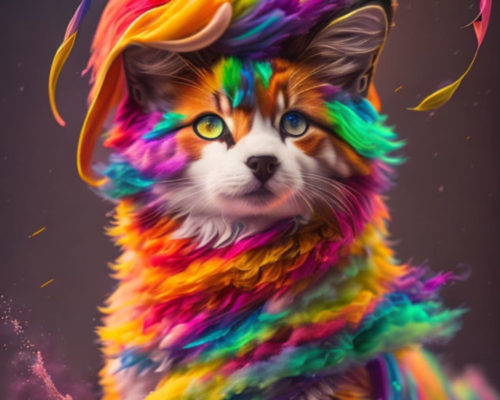 Vibrant Rainbow Fox Artwork with Whimsical Clouds