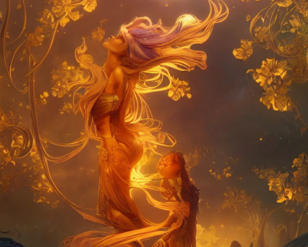 Ethereal female figures in flowing dresses among golden blossoms