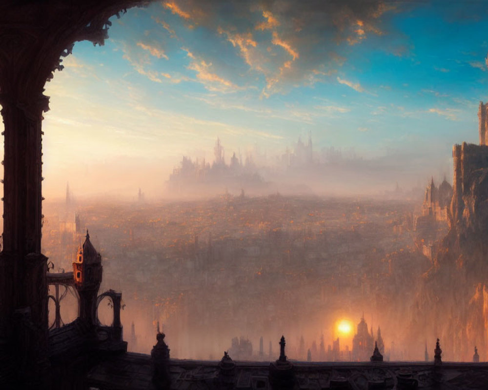 Gothic architecture in fantastical city sunset view