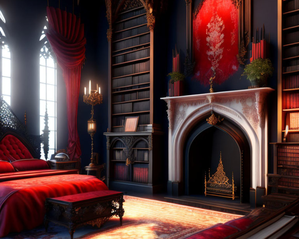 Luxurious Gothic-style room with red bed, fireplace, bookshelf, candelabras, and large