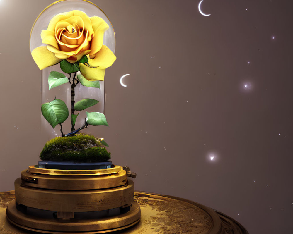 Golden rose in glass dome on ornate pedestal under starry sky.