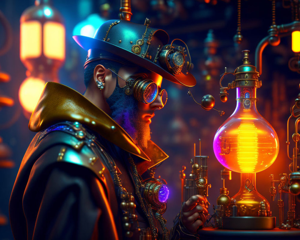 Steampunk-themed character with goggles and hat examines glowing substance in flask among intricate machinery