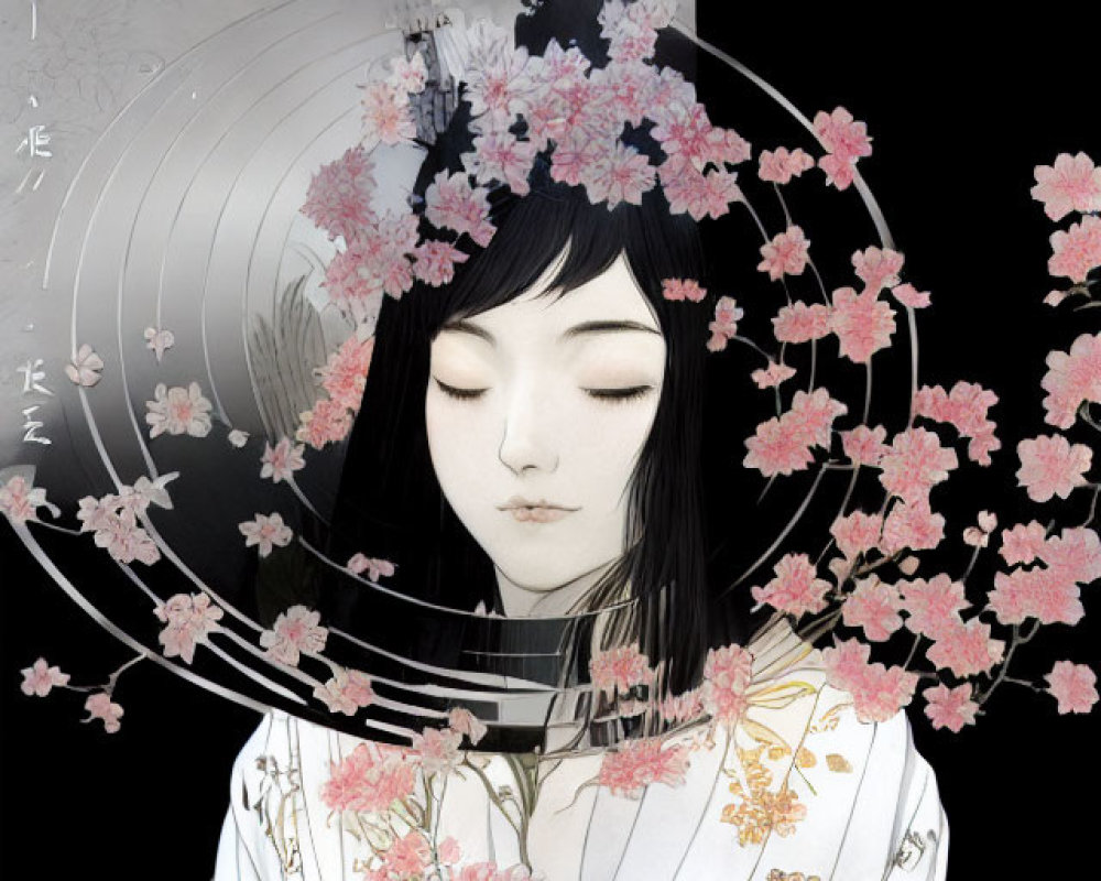 Monochromatic Illustration of Serene Woman with Cherry Blossoms and Vinyl Record Lines