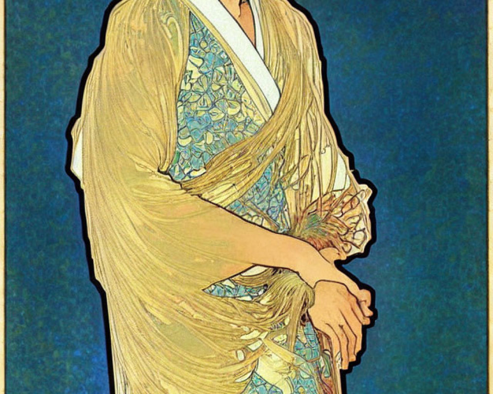 Stylized illustration of woman in traditional Japanese attire on blue background