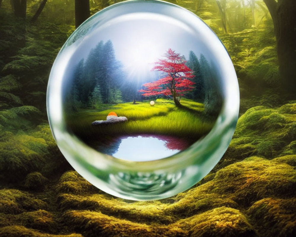 Vibrant red tree reflected in crystal ball on forest floor