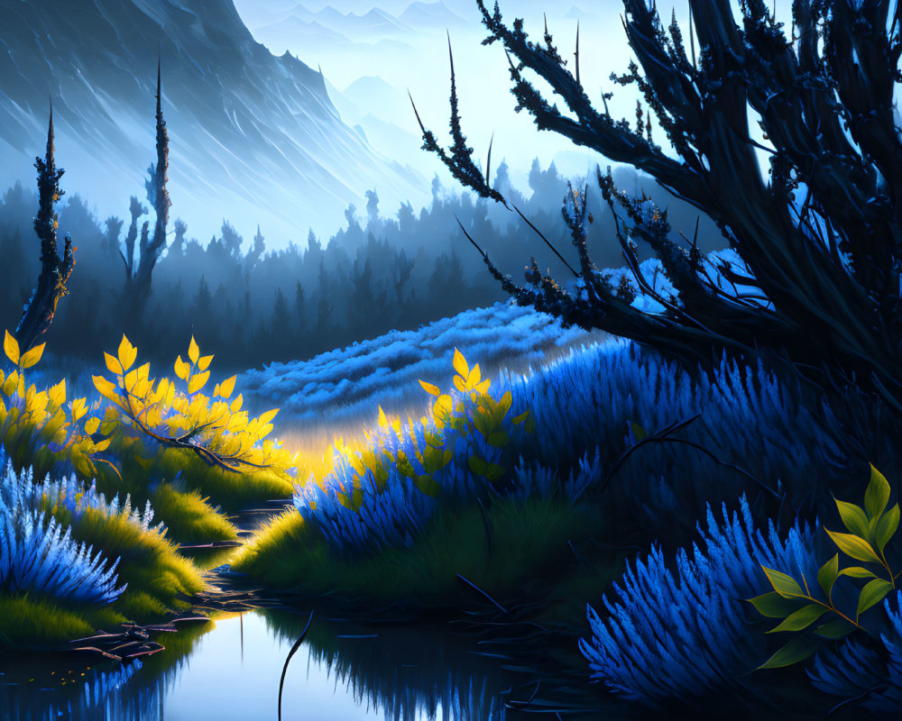 Moonlit landscape with blue flowers, stream, trees, and mountains