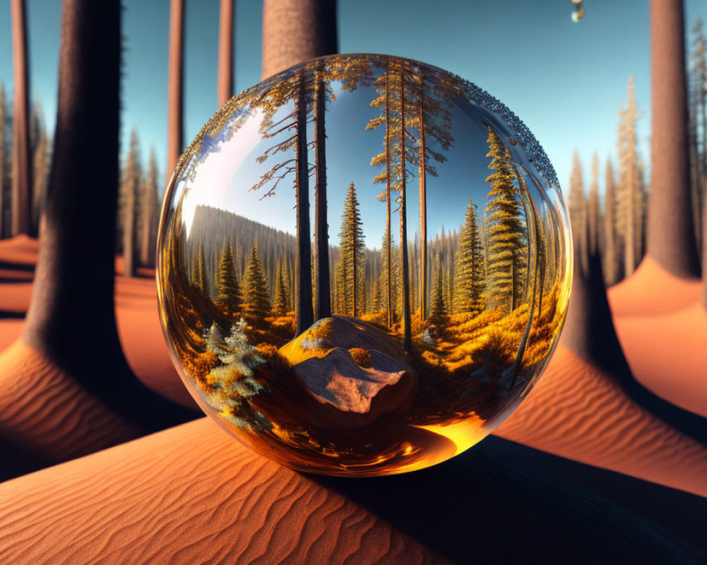 Crystal ball reflecting forest with tall pine trees on wooden surface