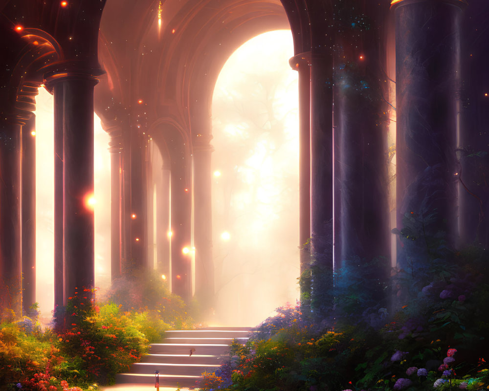 Enchanting forest with towering columns and ethereal lights