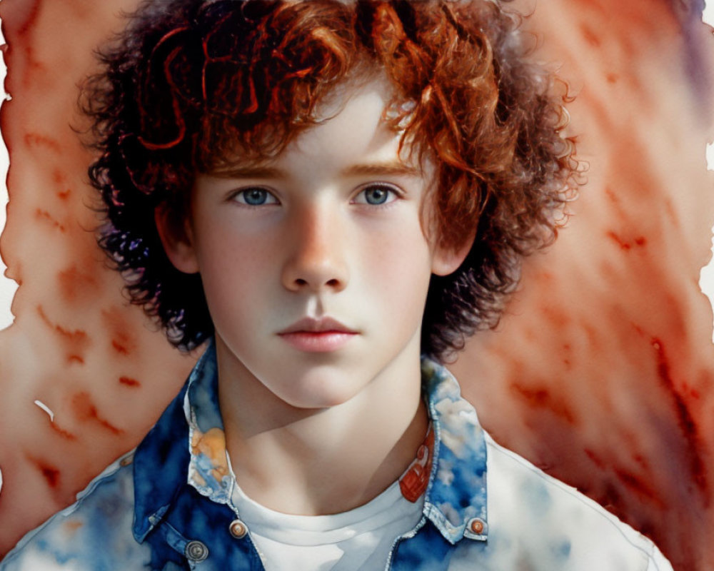 Portrait of young person with curly red hair, fair skin, blue eyes, in blue and white denim