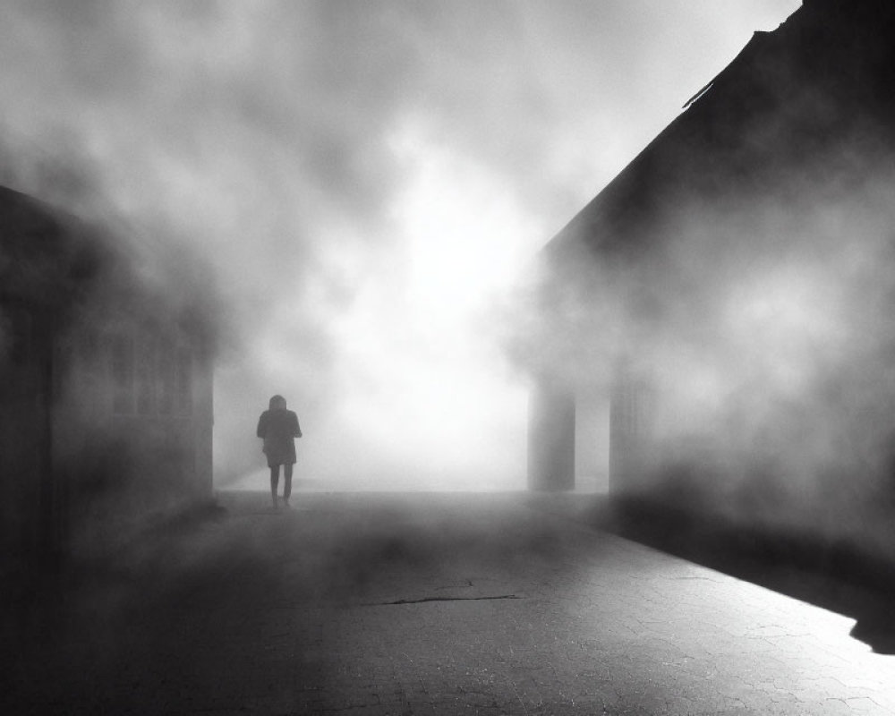 Misty alleyway scene with solitary figure and piercing light