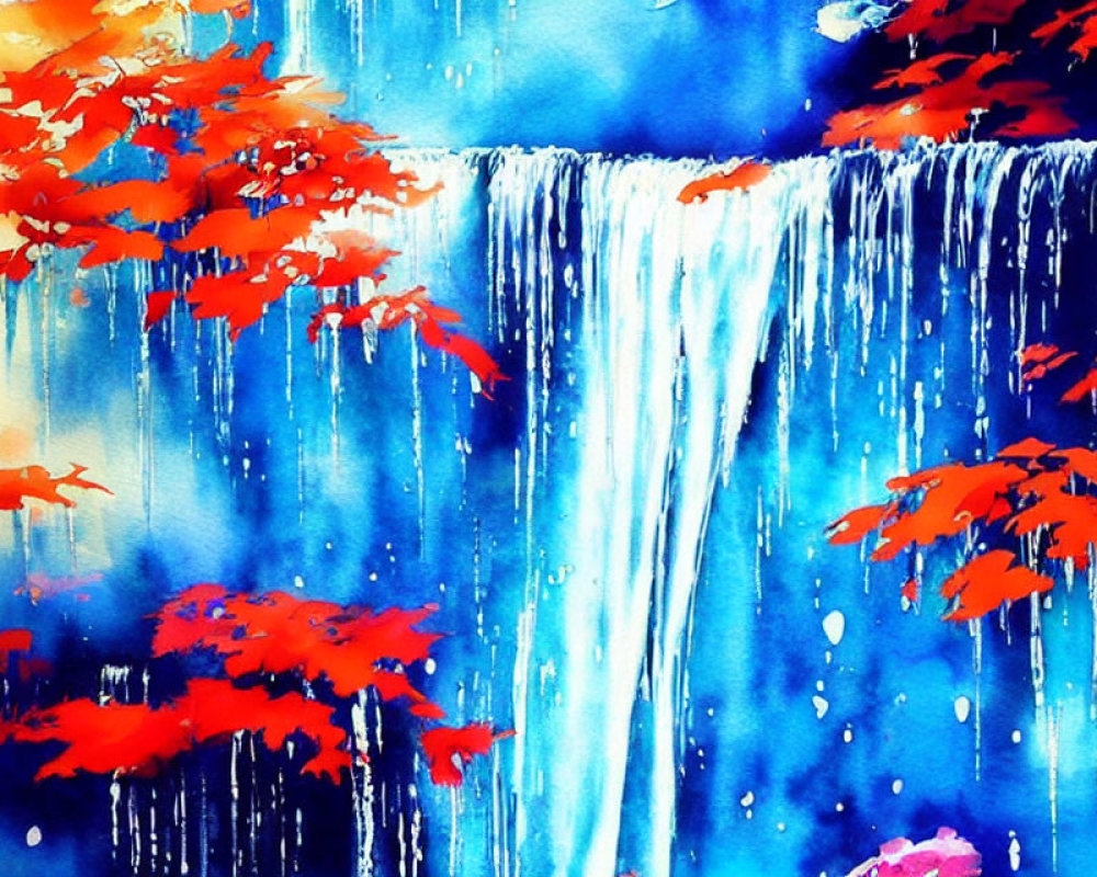 Colorful Watercolor Painting of Cascading Waterfall with Red Autumn Leaves