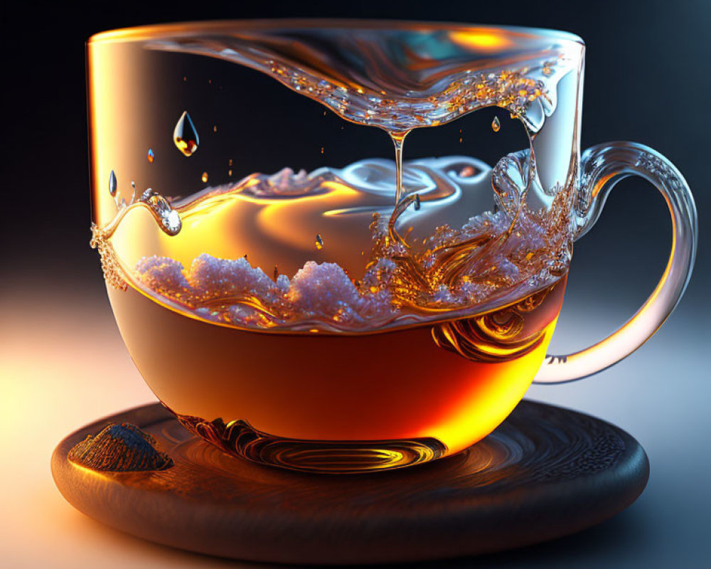 Translucent glass teacup overflowing with tea on dark blue background