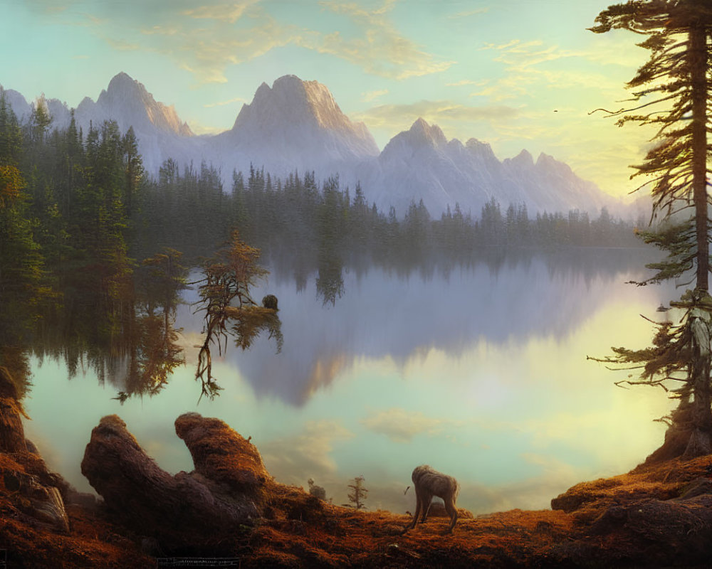 Wolf by forest lake at dawn or dusk: serene landscape with mountains reflected.