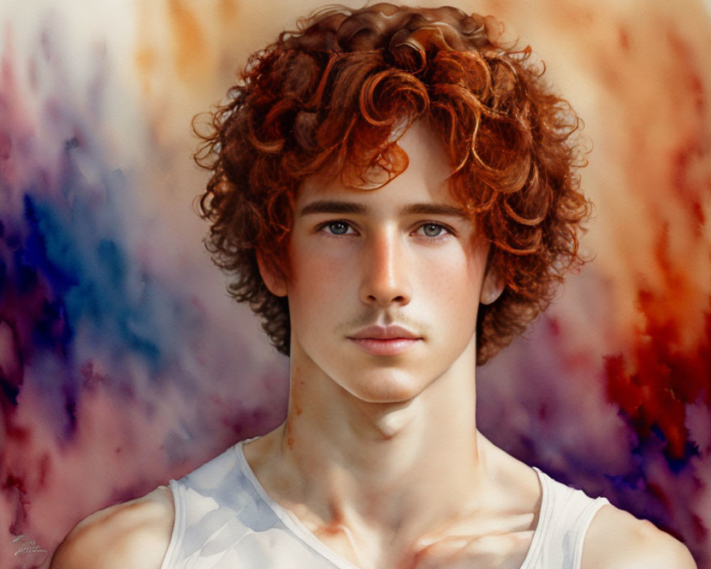 Young man with curly red hair and intense eyes against colorful abstract background