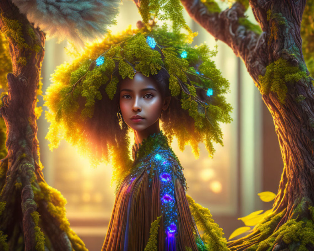 Mystical Woman in Forest-Themed Attire Surrounded by Glowing Lights