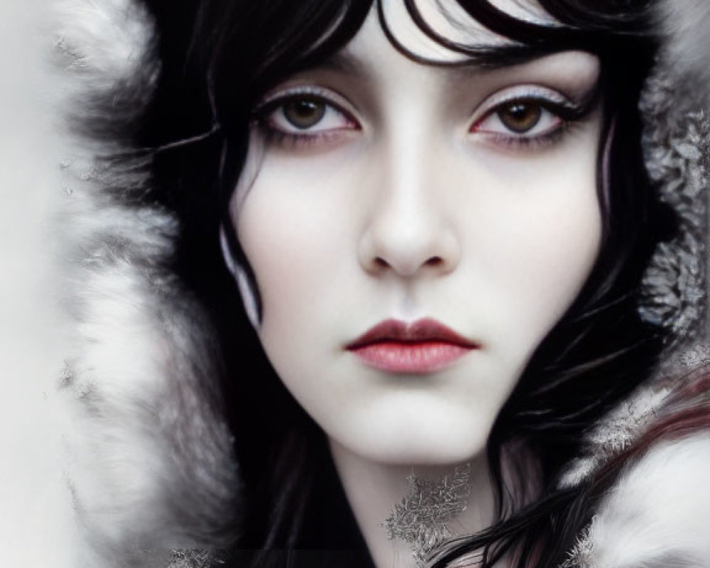 Portrait of woman with pale skin, dark hair, and striking eyes in white fur hood with frost hints