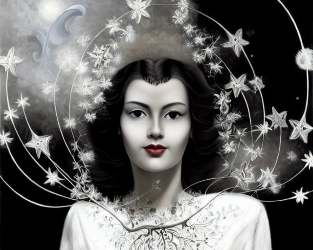 Monochromatic art: Woman with dark hair and pale skin, surrounded by flowers and stars