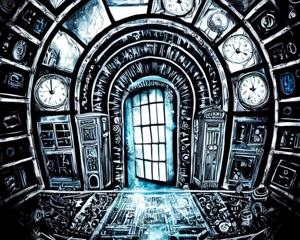 Surreal room with clocks, doors, patterns, and radiant window