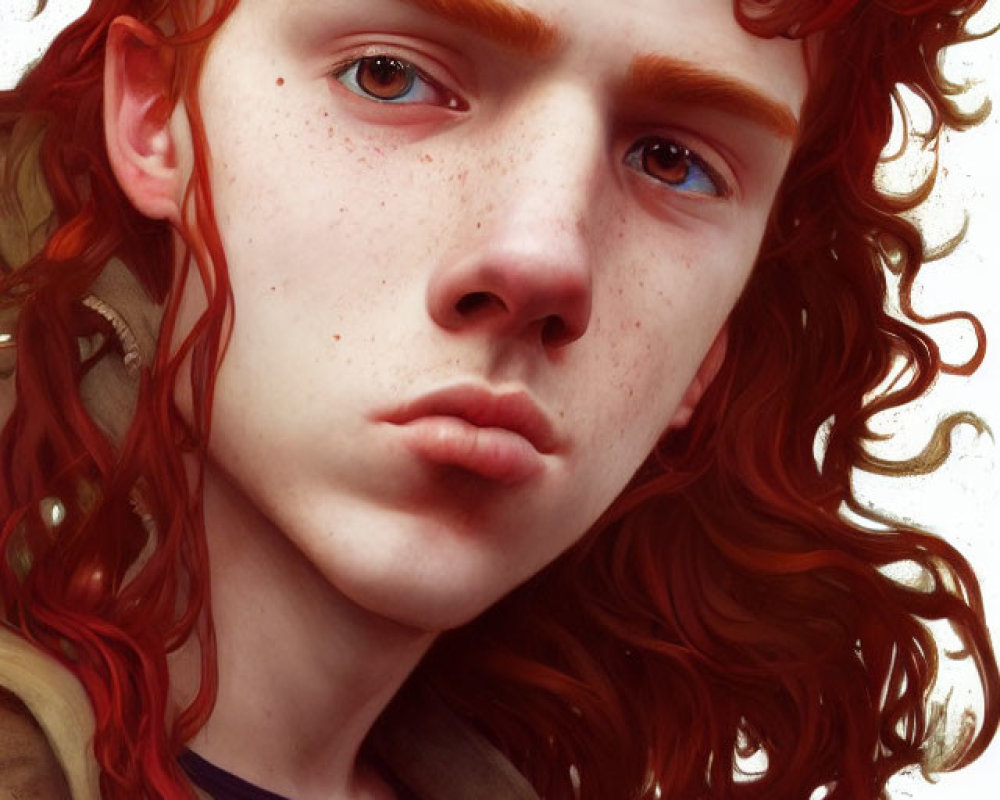 Portrait of person with curly red hair, fair skin, freckles, and amber eyes in subtle