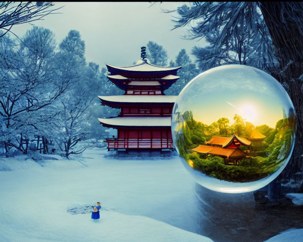 Child looking at crystal ball with warm temple and cold pagoda in background