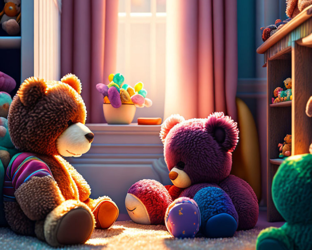 Sunlit Children's Room with Large Teddy Bear and Stuffed Toys