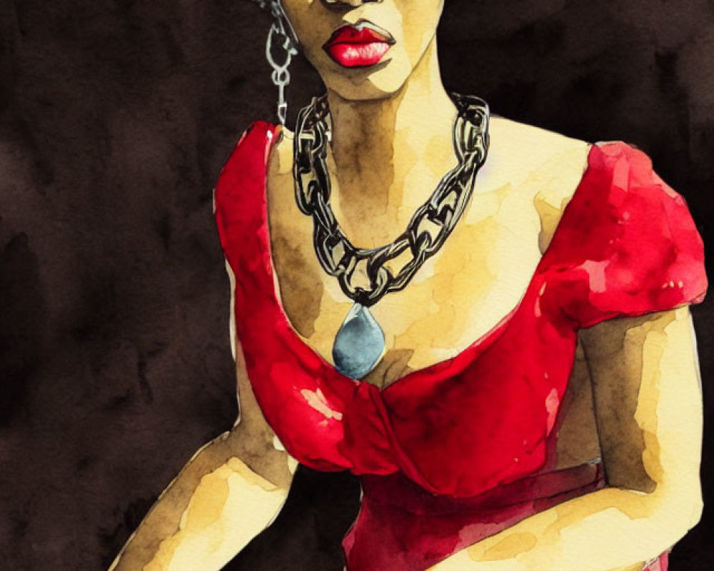 Watercolor painting of woman in red dress with afro and bold accessories