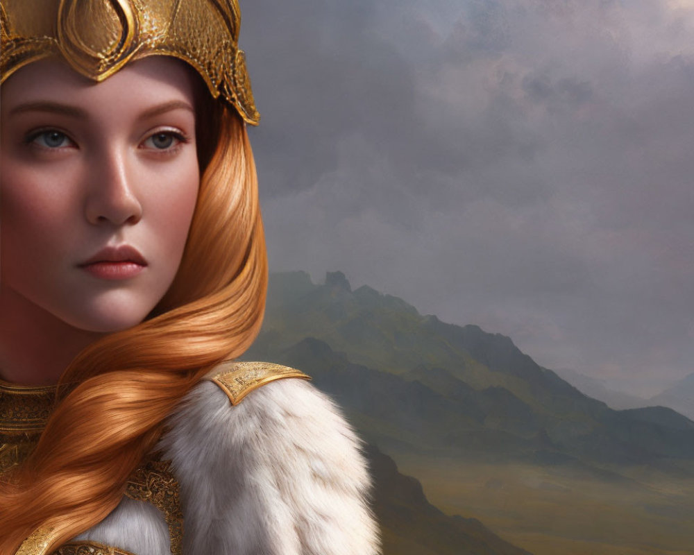 Regal woman in golden armor against mountain backdrop