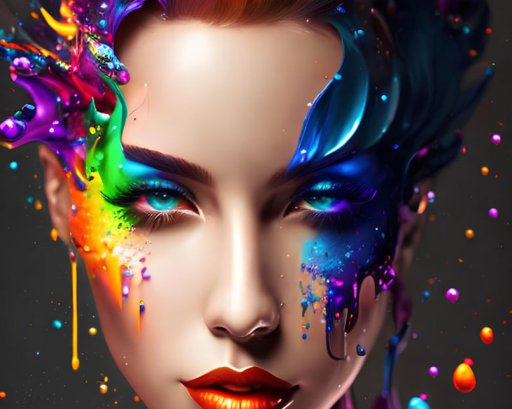 Vibrant woman with multicolored liquid splashes in digital art