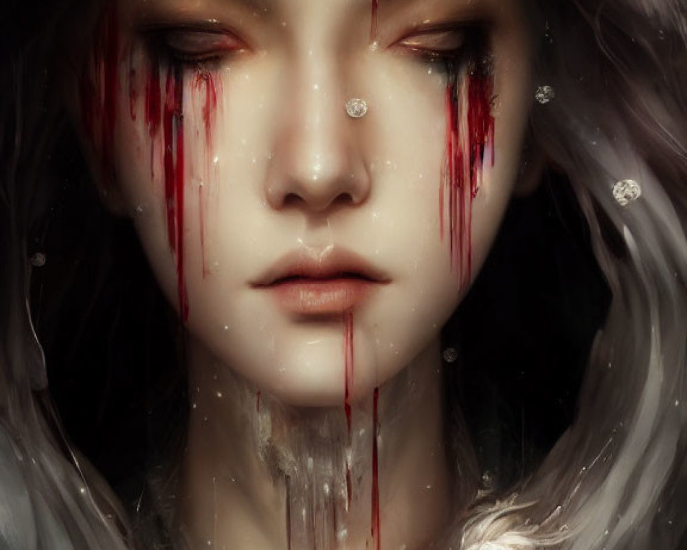 Surreal portrait of woman with tear-stained cheeks and bleeding eyes in mystical setting