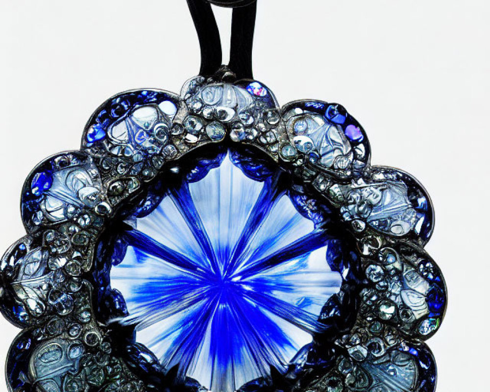 Blue Crystal Pendant with Black Filigree Frame and Braided Cord