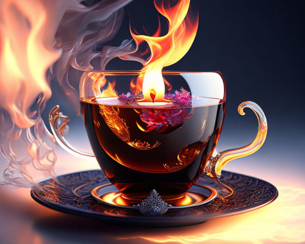 Stylized transparent tea cup with ornate designs, liquid, flowers, flames, and smoke on