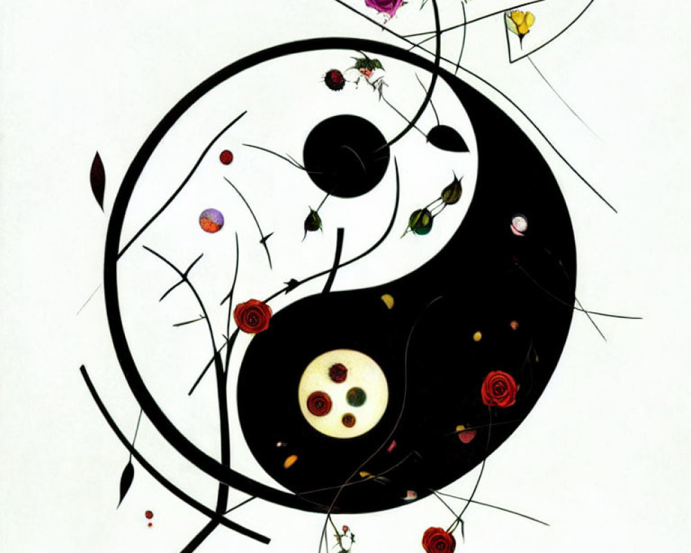 Cosmic Yin-Yang Symbol with Planets, Flowers, and Butterflies