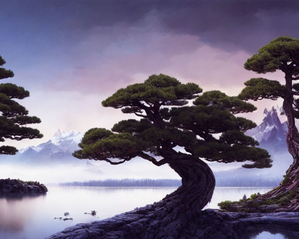 Tranquil landscape with twisted pine tree, rocky outcrop, calm lake, misty mountains,