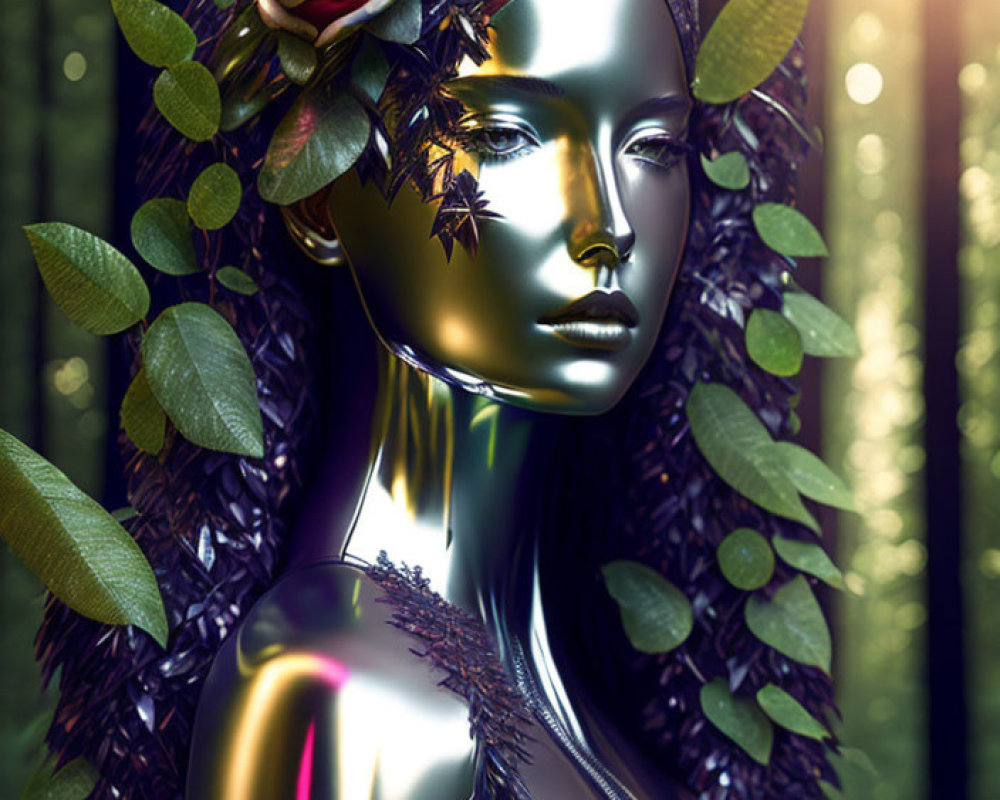 Glossy golden female figure with crown and rose in enchanted forest