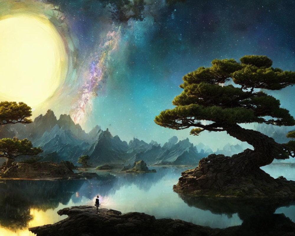 Person standing on rock in surreal landscape overlooking serene lake with islands under sun and galaxy