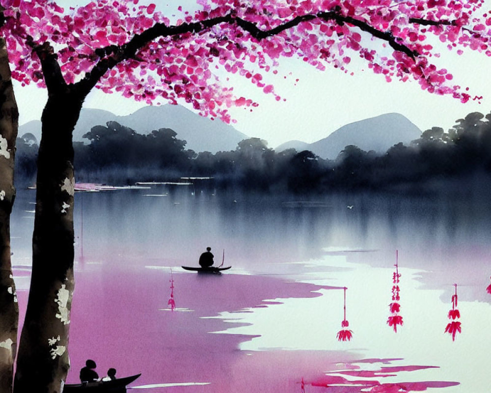 Tranquil watercolor painting of a serene lake with boat, cherry blossom tree, and mountains.