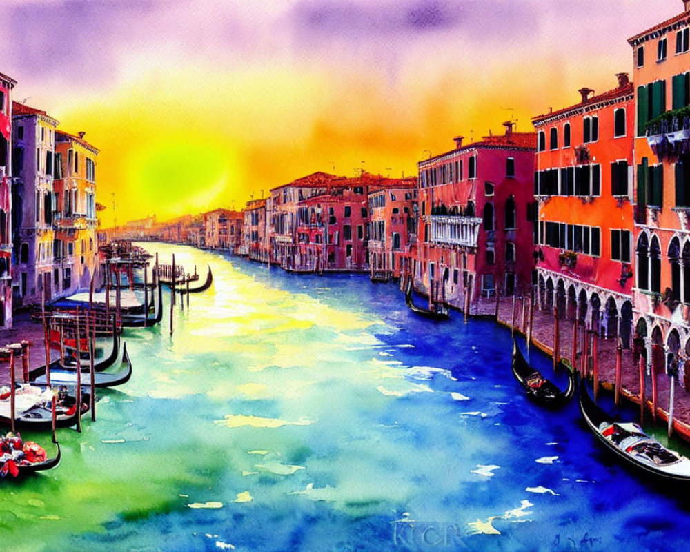 Venice Canal Watercolor Painting with Gondolas and Sunset Sky