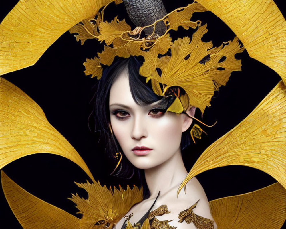 Portrait of a Person with Dark Hair and Golden Bird Headdress