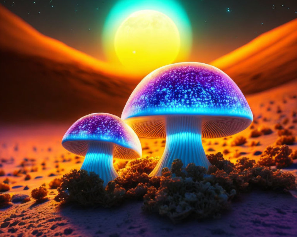 Glowing bioluminescent mushrooms in alien desert landscape