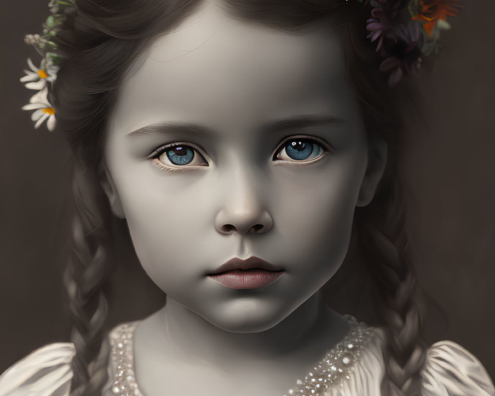 Portrait of young girl with blue eyes, floral crown, braided hair, cream dress, pearl necklace