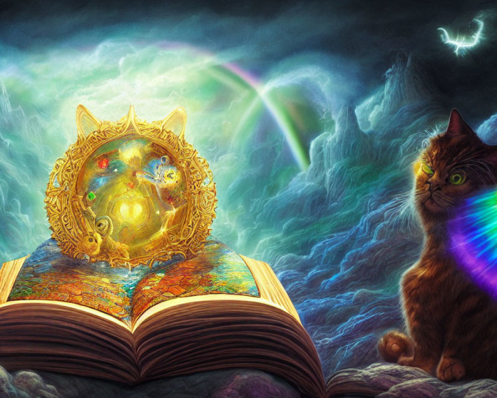 Ornate book with rainbow light, cat, compass, and northern lights in background