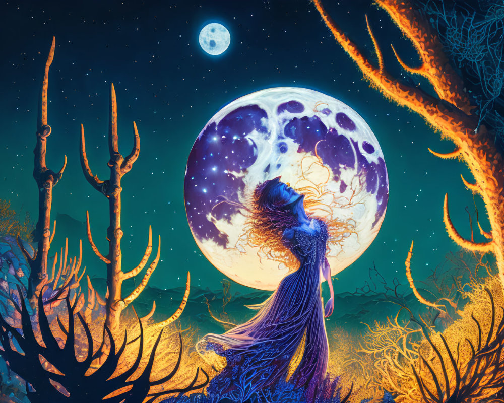 Woman in flowing dress under starry sky with detailed moon in vibrant, mystical landscape