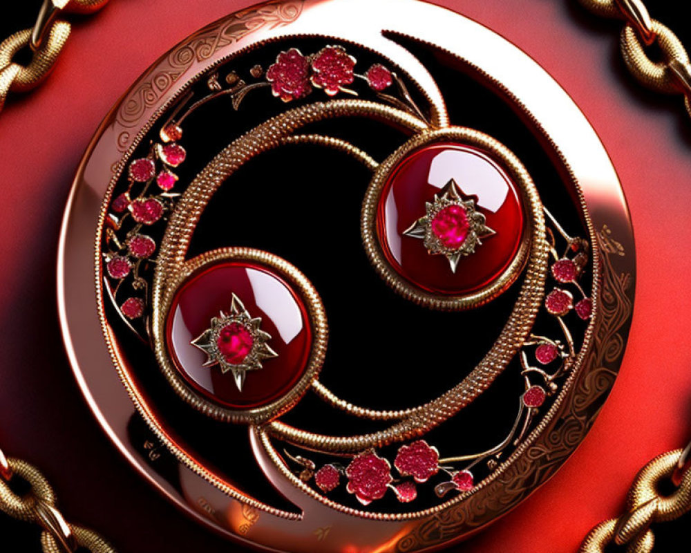 Luxurious Gold Pendant with Spiral Design and Rubies on Red Background