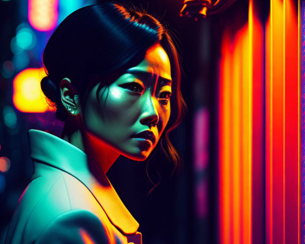 Woman in neon-lit urban setting with vibrant lights casting shadows