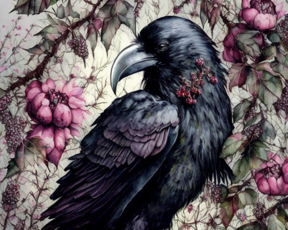 Illustrated Raven with Berries and Foliage in Natural Setting