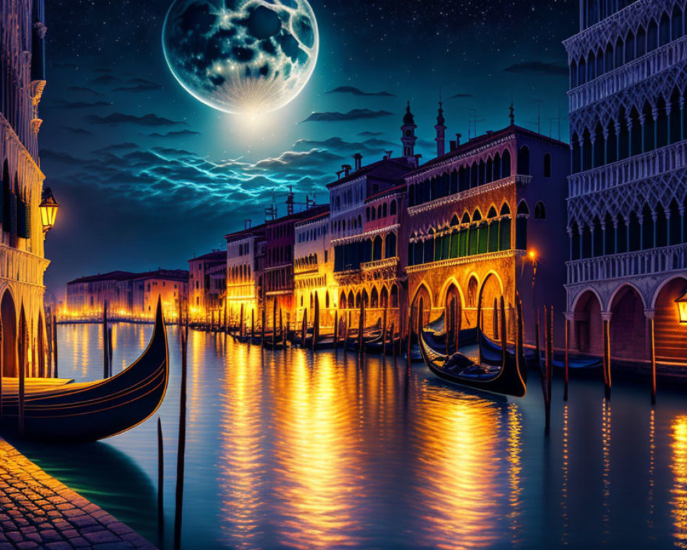 Venice Night Scene with Illuminated Buildings and Gondolas