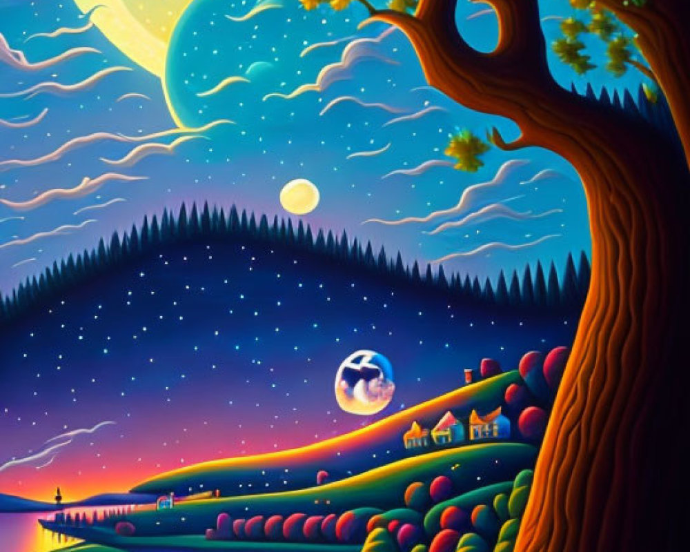 Colorful Nighttime Landscape Painting with Tree and Rolling Hills