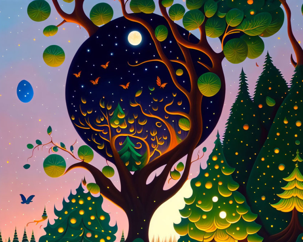 Enchanted forest painting with starry night sky and whimsical tree