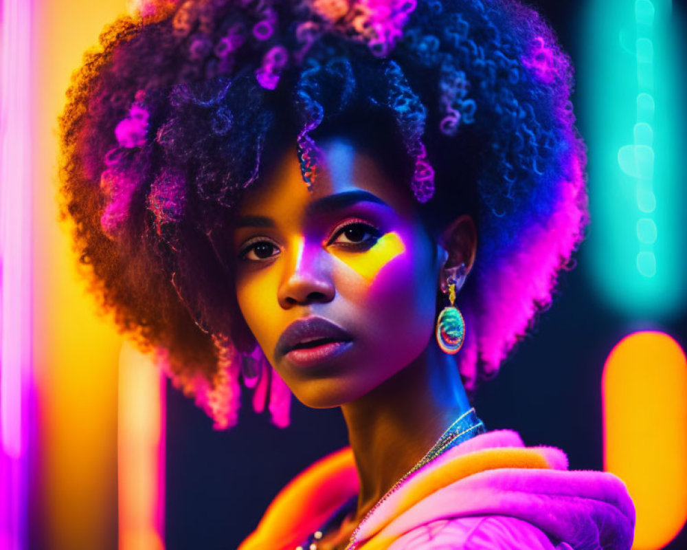 Curly-Haired Woman in Front of Neon-Lit Backdrop with Colorful Glows